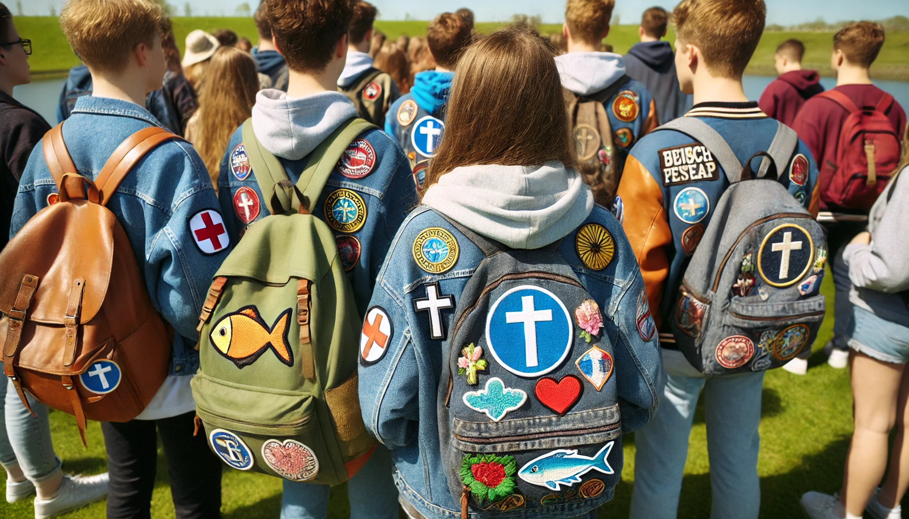 A community event where a group of young people is gathered at a church retreat each wearing jackets and backpacks adorned with Christian patches