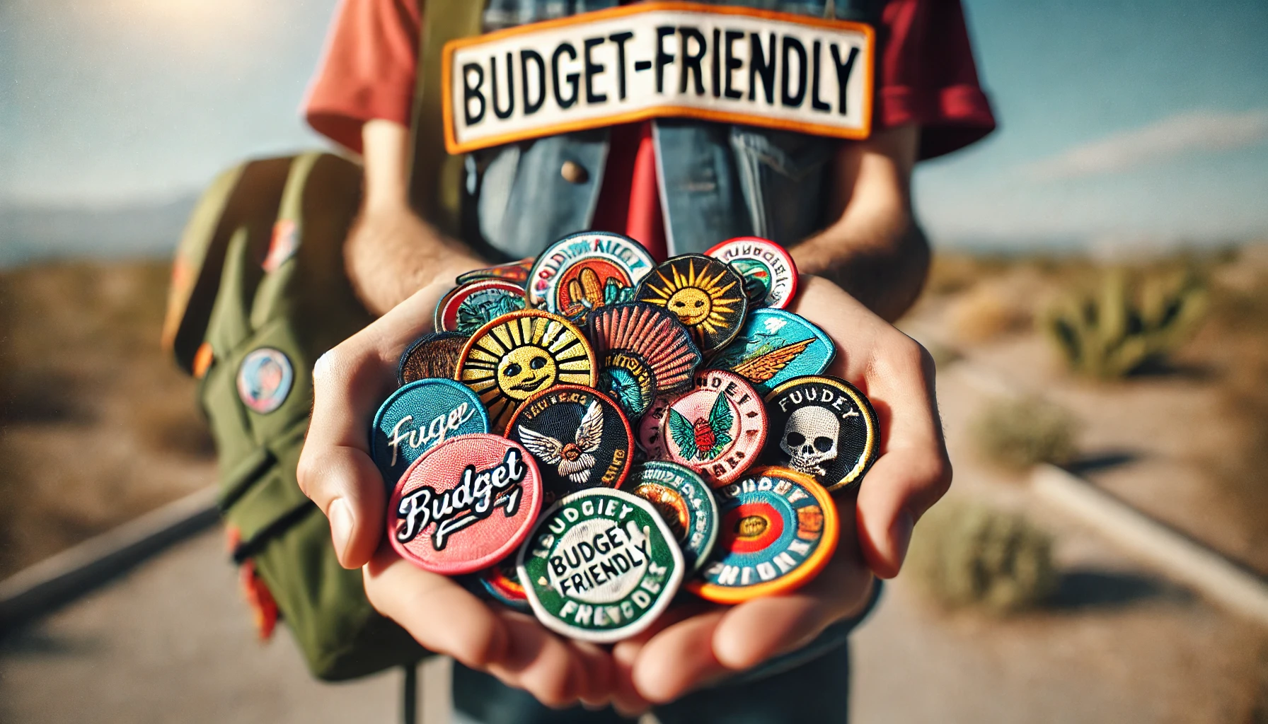 An outdoor shot of a person holding a handful of colorful embroidered patches