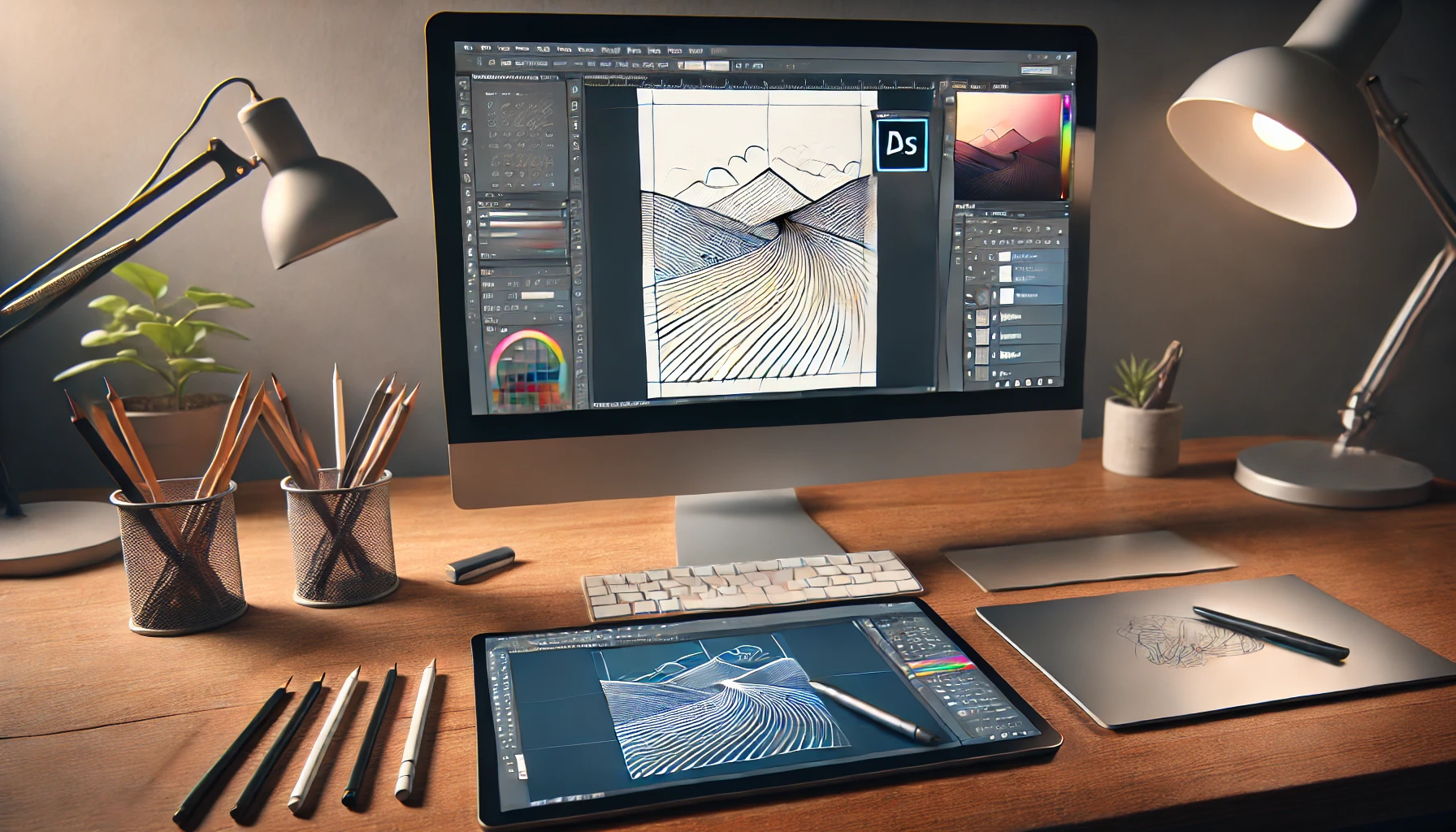 A digital artist's workspace showing a computer screen with Adobe Illustrator open, a pencil sketch being converted into a vector image