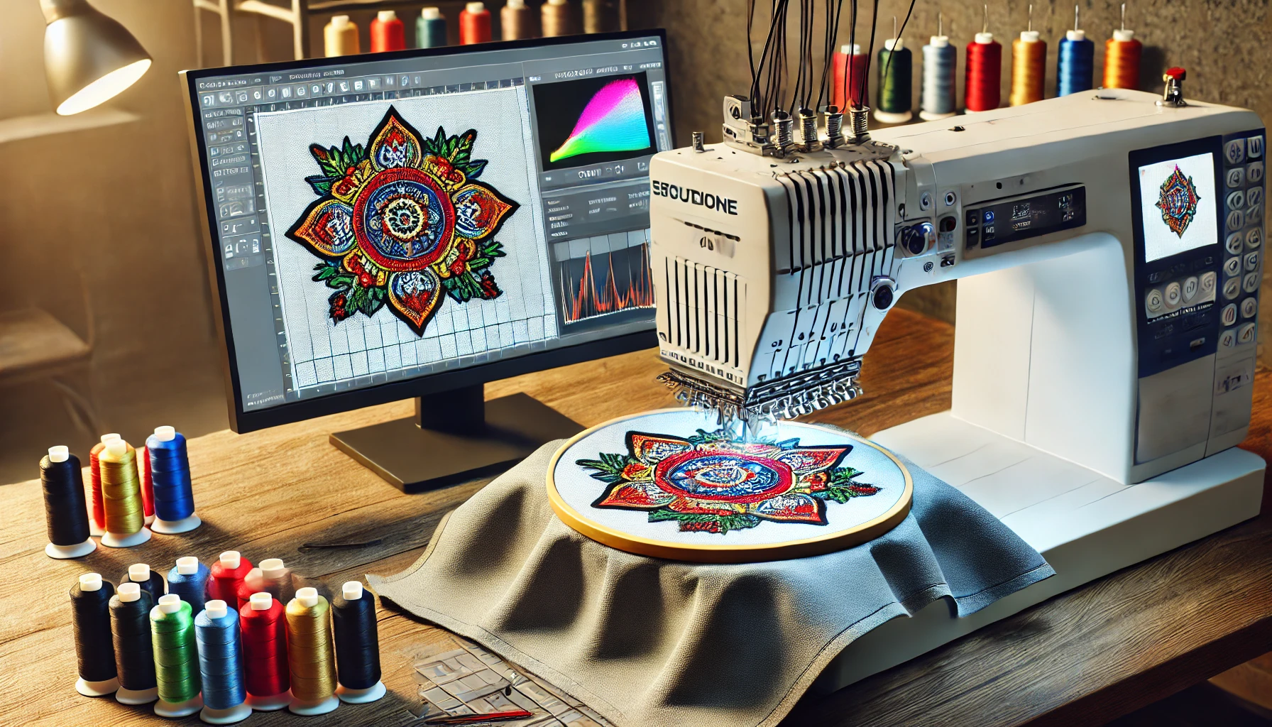 A scene showcasing an embroidery machine reading a vector art file for a custom patch design