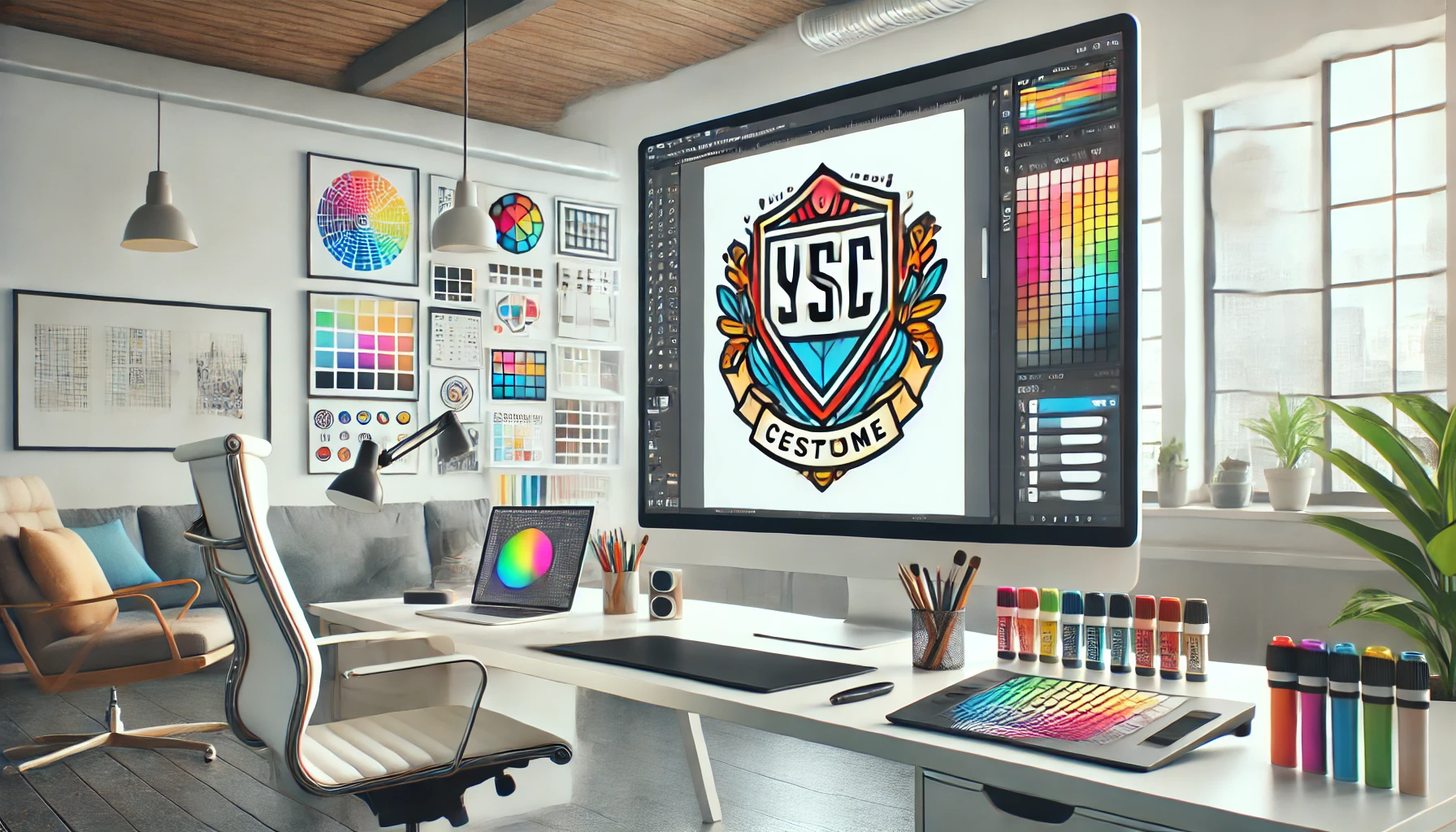 A modern design studio with a large screen showing a vector art file of a patch logo ready for customization