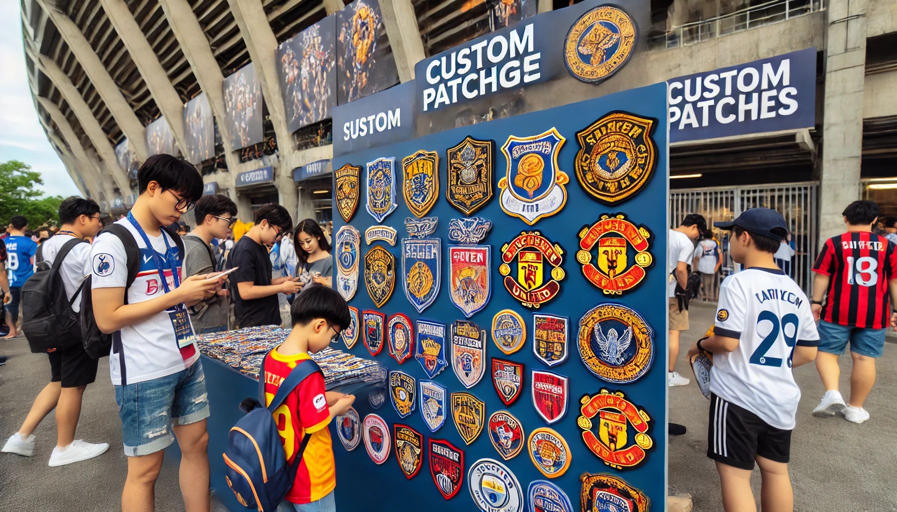 A sports merchandise stall at a stadium with various custom patches featuring a team's logo