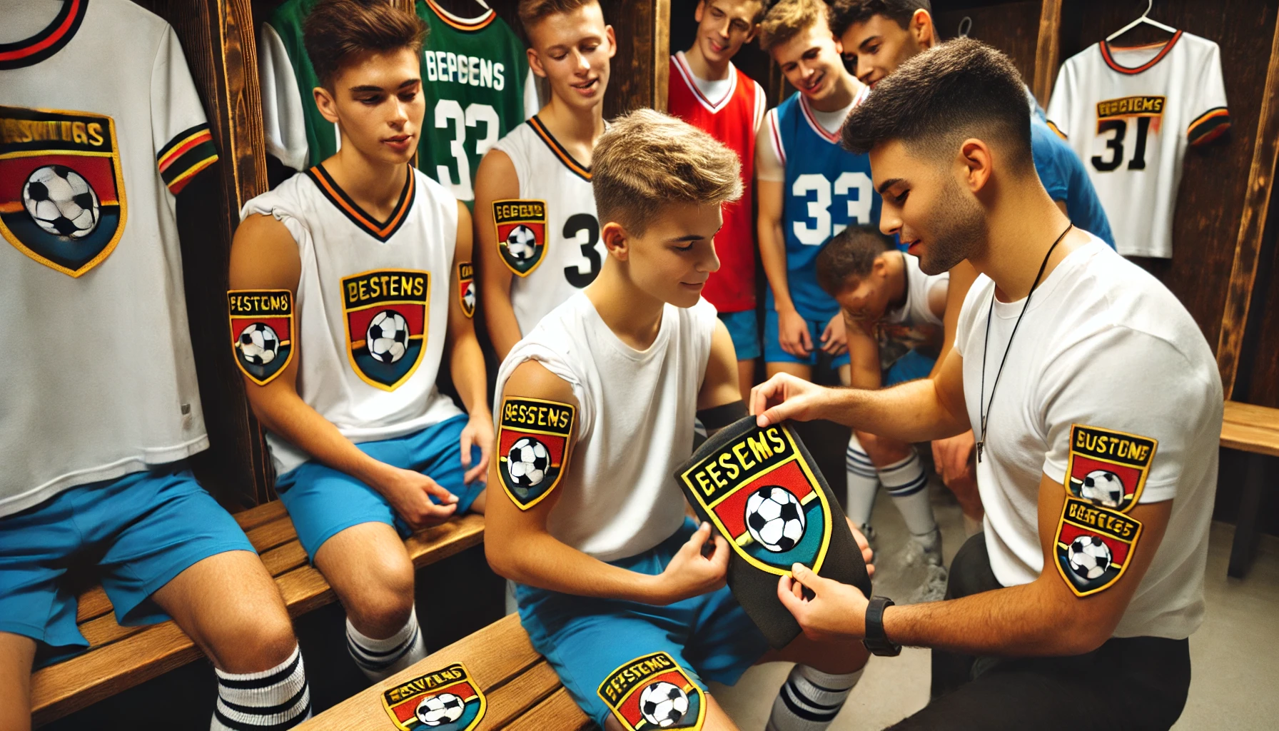 A group of young athletes in a locker room excitedly putting on their uniforms, each featuring custom patches with their team logo