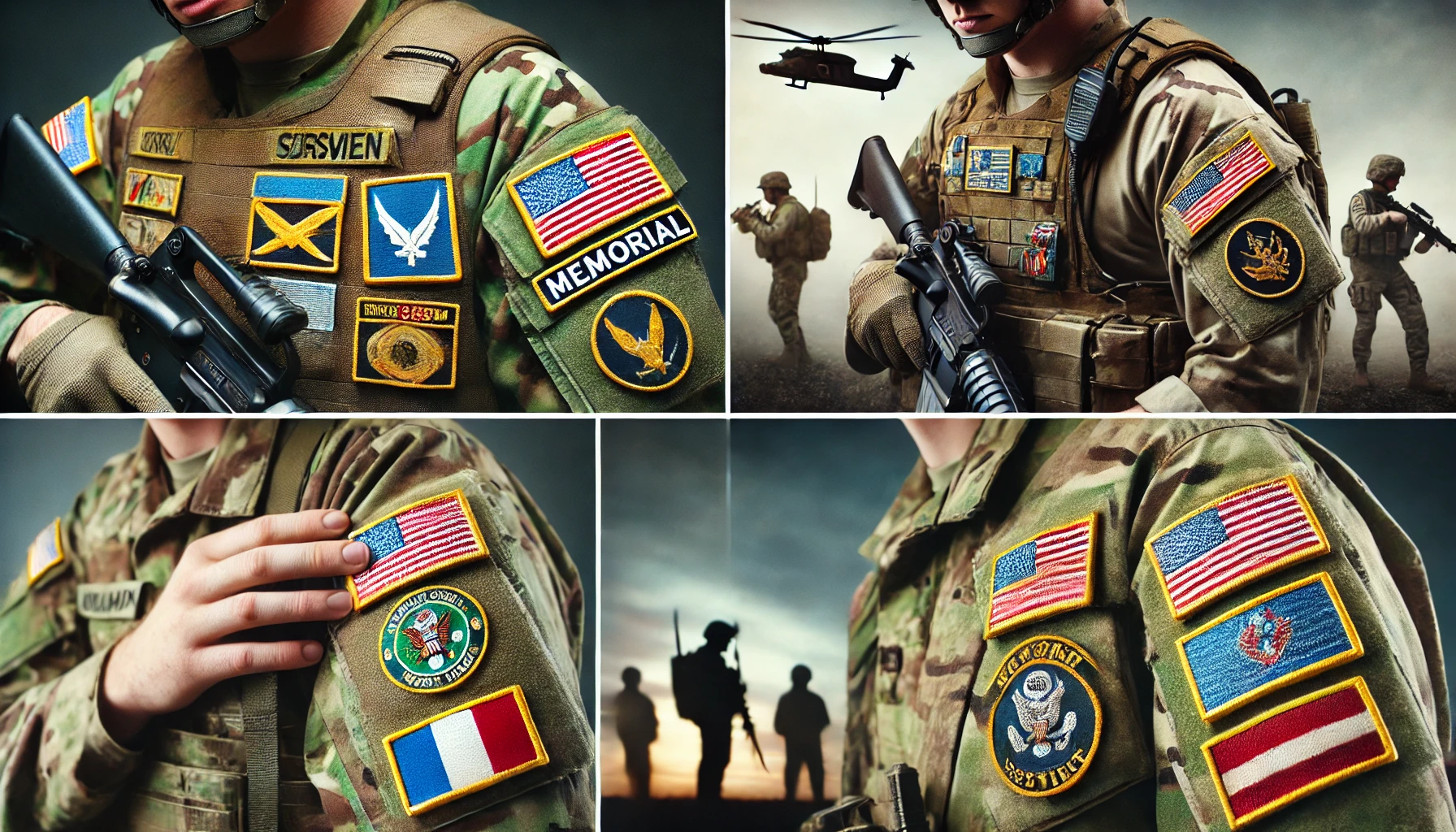 A set of four professional images related to military patches. The first shows a close-up of a soldier's uniform, with colorful patches