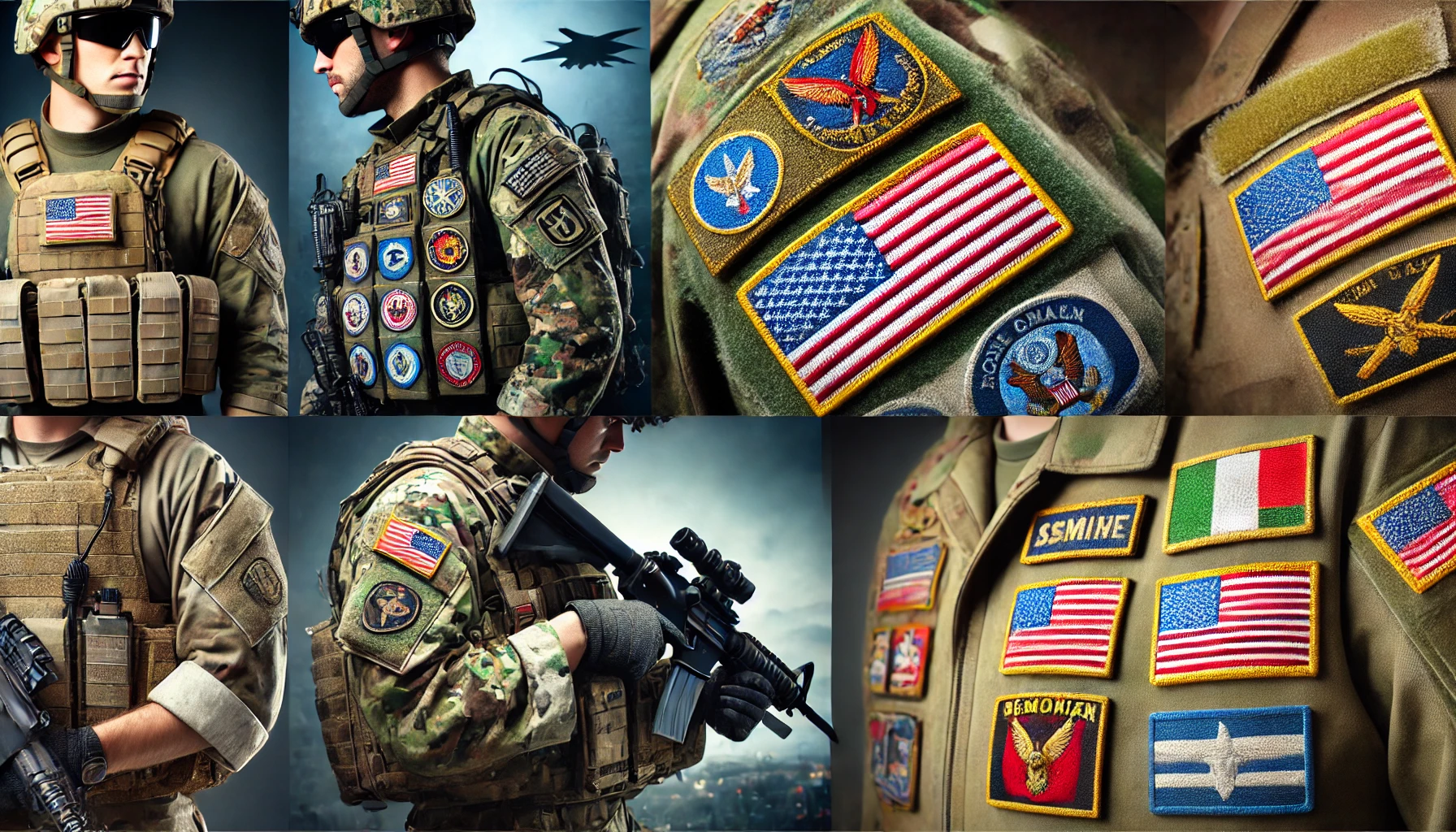 The image shows a close-up of a soldier's uniform displaying various patches