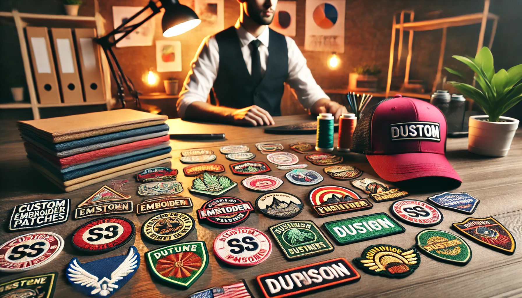 A vibrant image showing custom embroidered patches for a business, featuring patches with various shapes, colors, and logos on different items