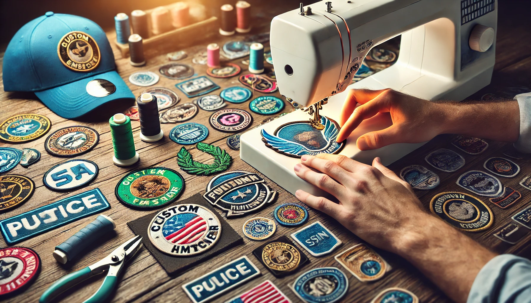 A detailed image displaying custom embroidered patches being applied to various business items such as uniforms, hats, and bags