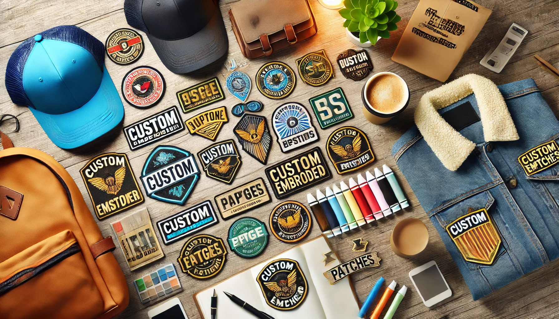 A creative image of custom embroidered patches displayed on various business accessories
