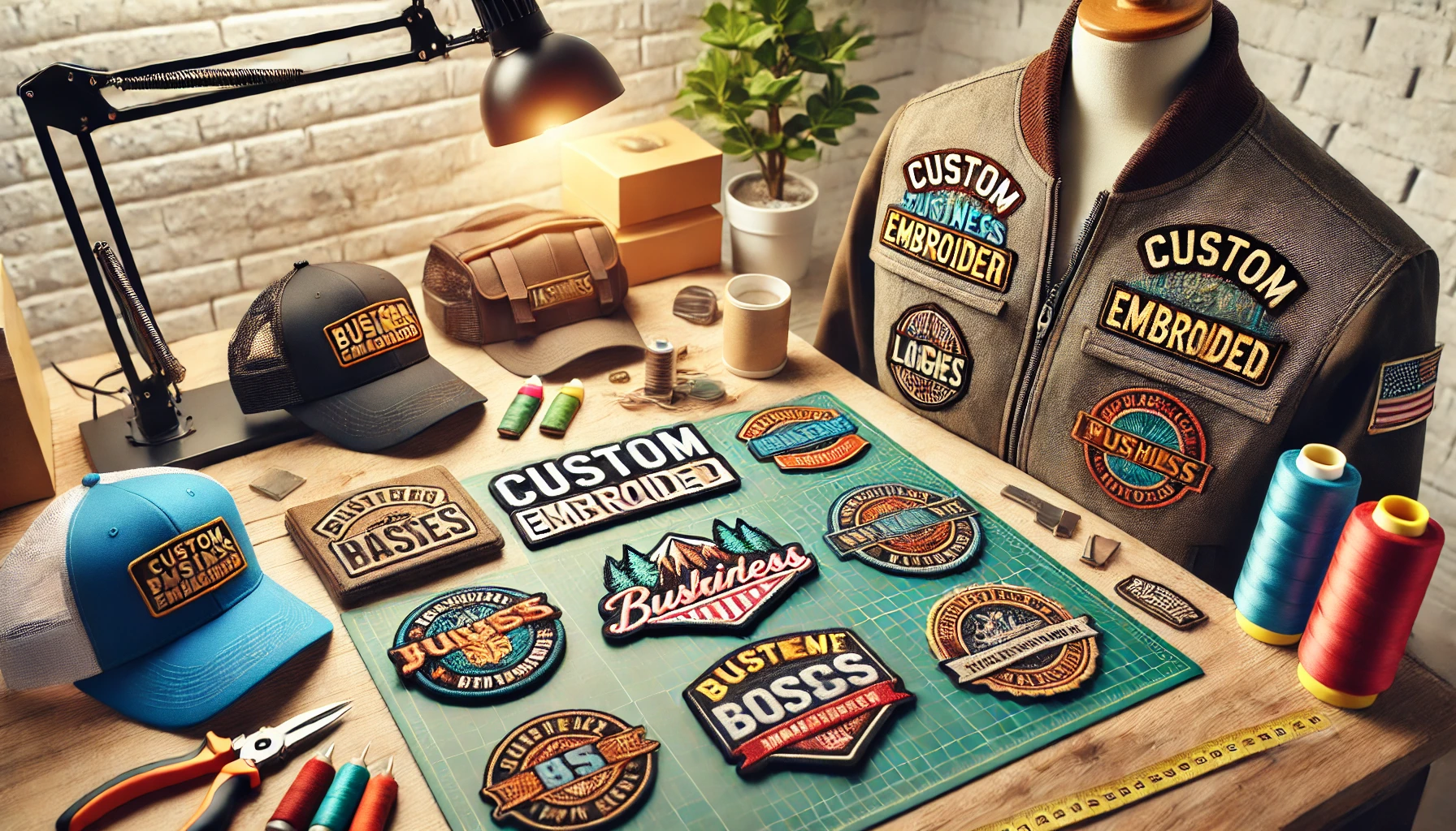 A professional image showcasing custom embroidered patches arranged on different business merchandise like jackets, hats, and bags