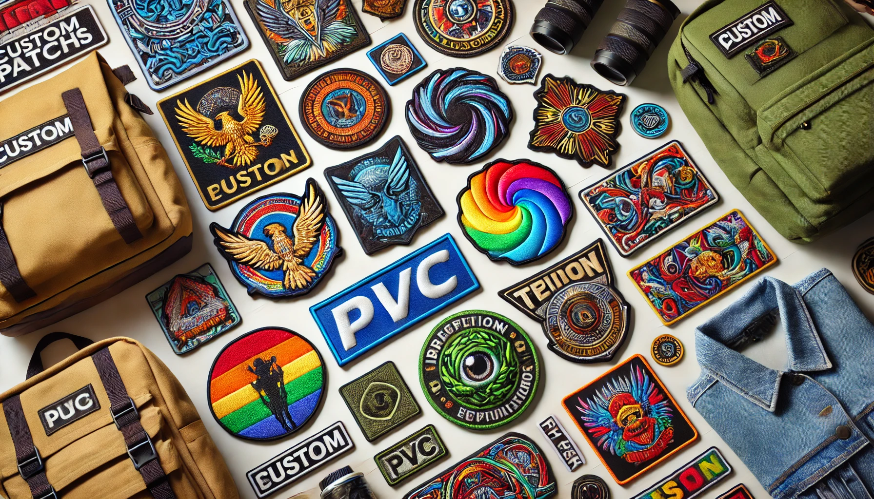 Different types of custom patches laid out on various accessories