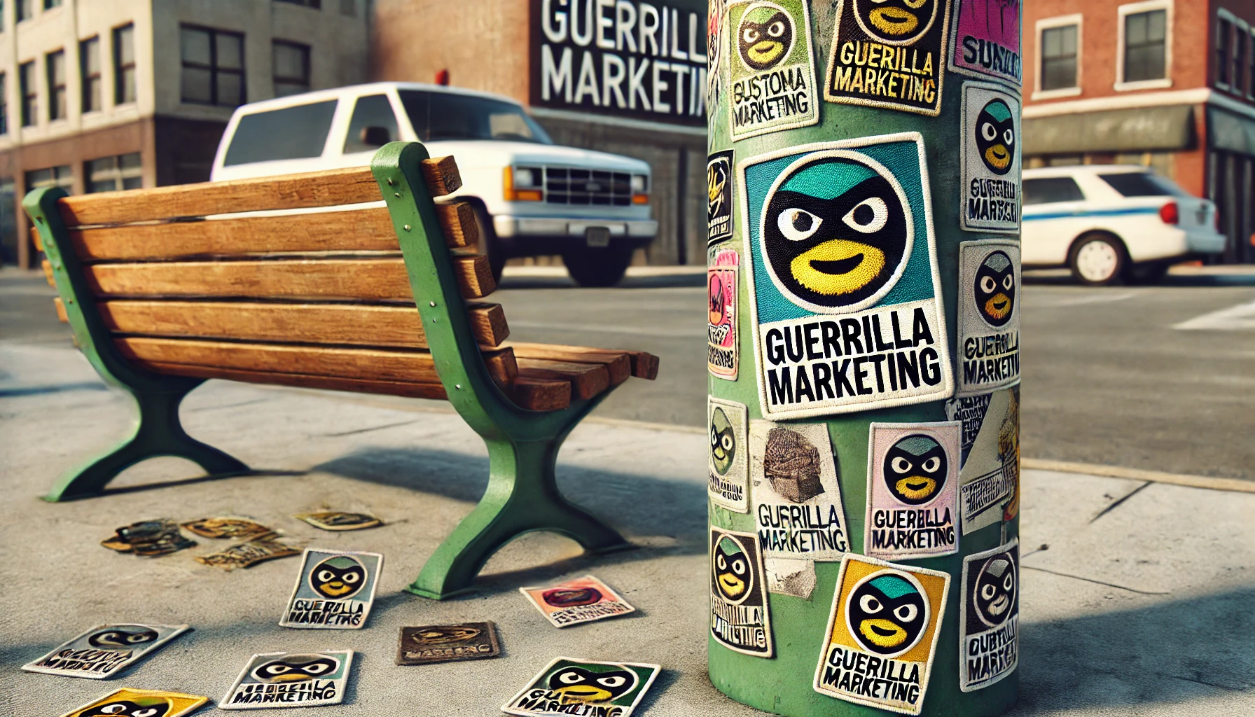 A guerrilla marketing scene featuring custom patches placed in street poles, and benches