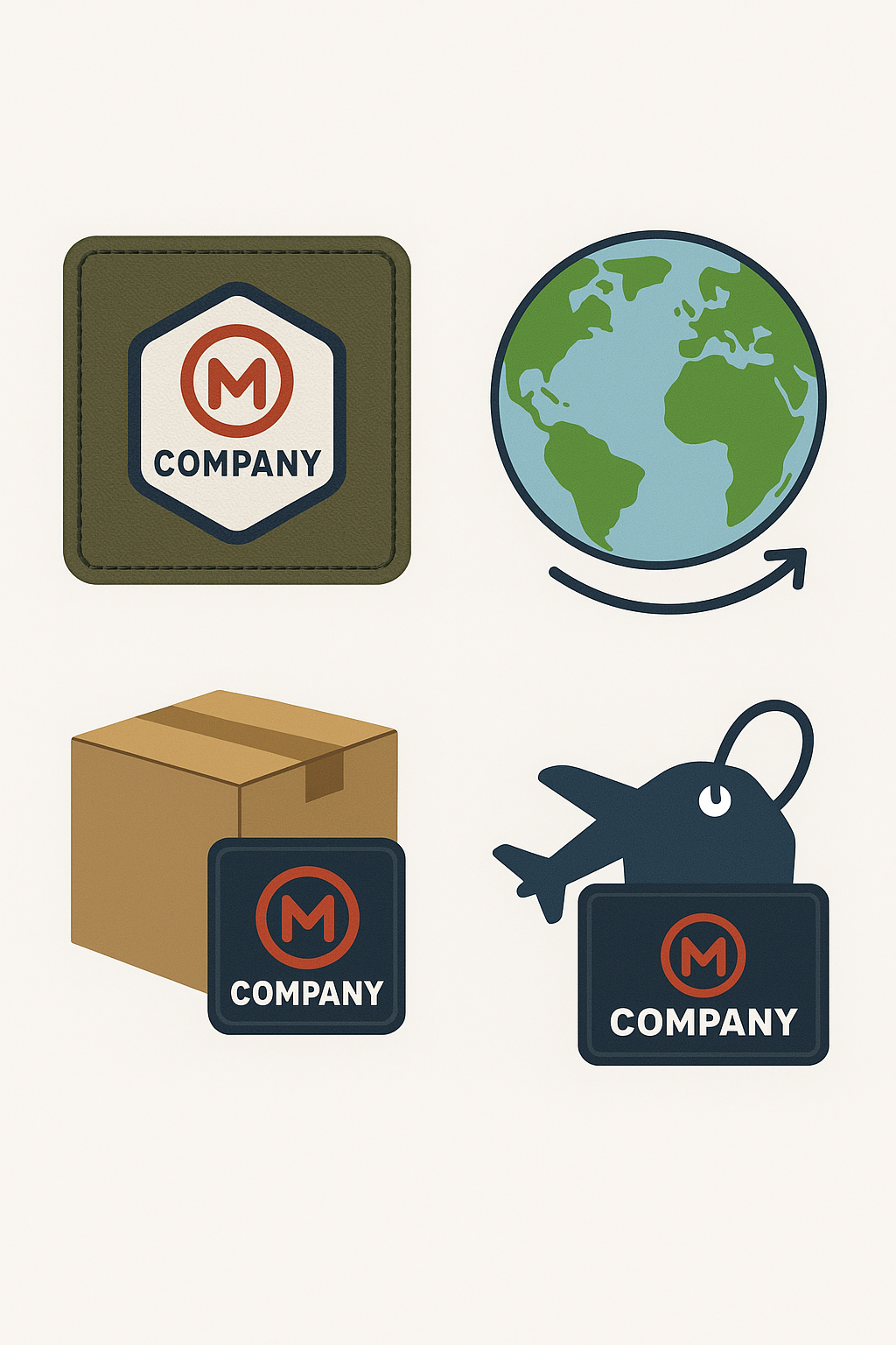 Flat-style illustration of company logo patches being used worldwide on uniforms, hats, and bags, symbolizing USA and global brand visibility